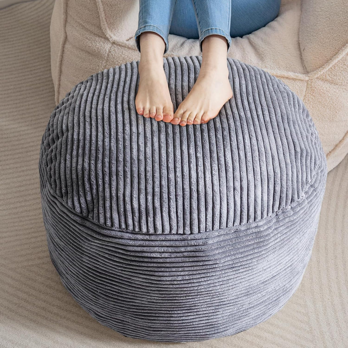 Round Stuffed Pouf Ottoman, Corduroy Poufs with Foam Chunk Filling, Furry and Fluffy Pouf Foot Stool Storage Ottoman, 20 X 15 Floor Poufs Foot Rest for Living Room, Dark Grey
