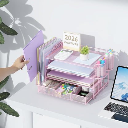 gianotter Desk Organizers and Accessories with File Holder, 4-Tier Desk Accessories & Workspace Organizers with Drawer and 2 Pen Holder, Paper Organizer for Office Supplies (Rose Gold)