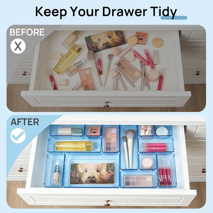 Vtopmart 25 PCS Clear Plastic Drawer Organizers Set, 4-Size Versatile Bathroom and Vanity Drawer Organizer Trays, Storage Bins for Makeup, Bedroom, Kitchen Gadgets Utensils and Office