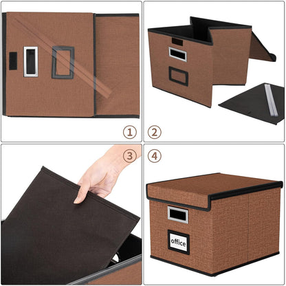 Upgraded Portable File Organizer Box with Lid, Collapsible Linen Hanging Filing Storage Boxes with Plastic Slides, Decorative Home/Office Filing System Box for File and Folders Storage (Gray)