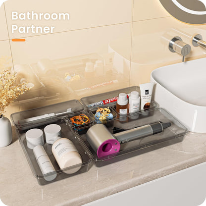A-LuGei 【Military Grade】 Drawer Organizer, 【𝟱𝗦𝗶𝘇𝗲】 Makeup organizer, 【Holds 177 Items】 Bathroom Organizers and Storage, Organization and Storage, Desk Drawer Organizer for Vanity (Clear)