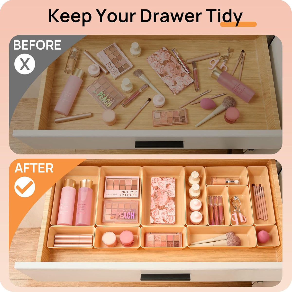 Vtopmart 25 PCS Clear Plastic Drawer Organizers Set, 4-Size Versatile Bathroom and Vanity Drawer Organizer Trays, Storage Bins for Makeup, Bedroom, Kitchen Gadgets Utensils and Office