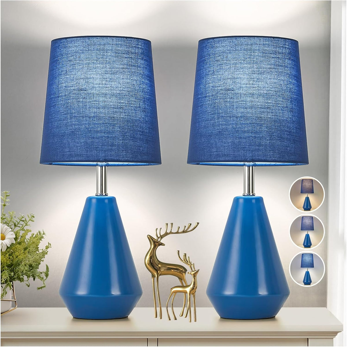 Small Bedside Table Lamp for Bedroom - Reading Desk Lamp with 3 Color Temperatures，15.5" Nightstand Ceramic Lamp with Fabric Shade for Kids Room,Living Room,Dorm,Home Office (Green)