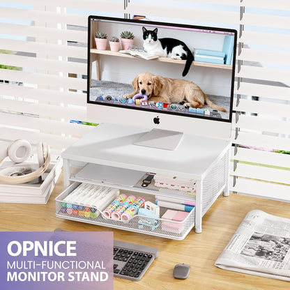 Desk Organizers and Accessories, Computer Monitor Stand Riser with Drawer and 2 Pen Holders, Printer & Laptop Stand, Office Desk Accessories & Workspace Organizers for Home Office Supplies, Black