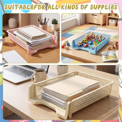 Tenceur 6 Pcs Turn in Trays Classroom, Pastel Paper Tray for Classroom Organization and Storage Stackable Plastic Book Baskets Teacher Organizers for Library Drawers Office Desk