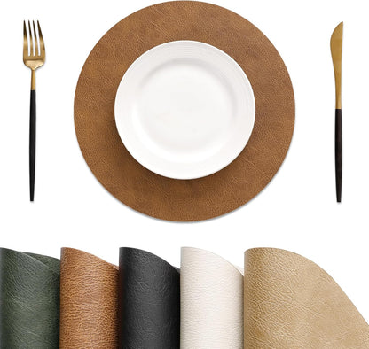 MOSAYT Vinyl Placemats Set of 6-12 X 17 Inch - Faux Leather 100% Waterproof Oil-Proof Wipeable PU Place Mats, Heat Resistant Reversible Table Mats for Kitchen, Dining, Outdoor, Reddish Brown