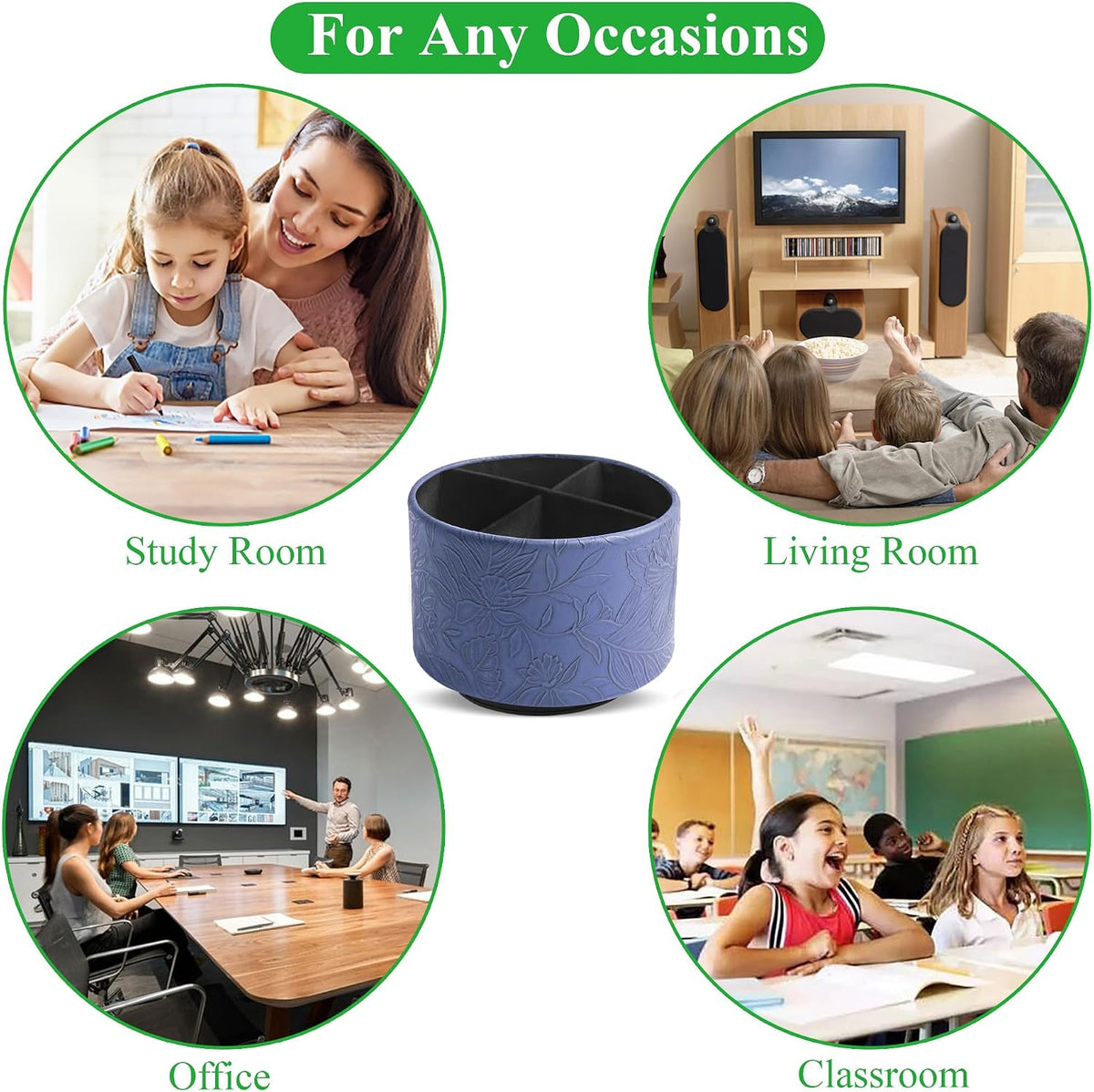 Round Leather Art Supply Organizer,Remote Control Holder,360 Degree Rotating,Multi-Functional Pencil Holder,4 Compartments Desktop Stationary Organizer(1-Blue Bird) - Colors B