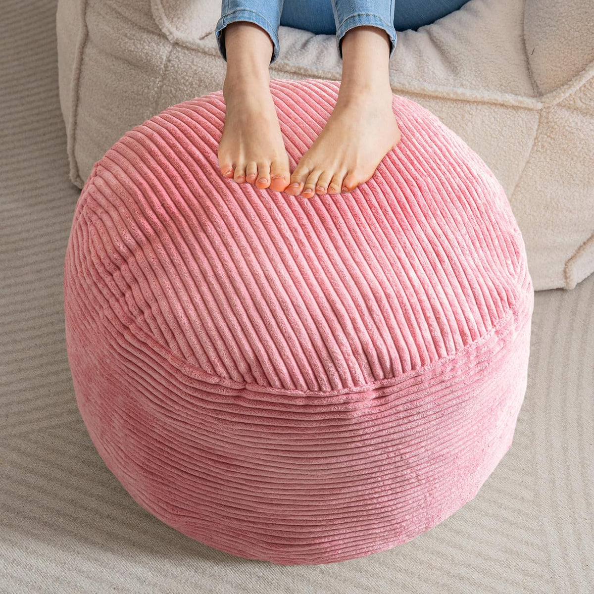 Round Stuffed Pouf Ottoman, Corduroy Poufs with Foam Chunk Filling, Furry and Fluffy Pouf Foot Stool Storage Ottoman, 20 X 15 Floor Poufs Foot Rest for Living Room, Dark Grey