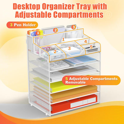 Docnest 5 Tier Mesh Desk Organizer for Paper Office Supplies – Multi-Functional Letter Tray with 5 Adjustable Compartments, 3 Pen Holders, Desktop Storage for Files, Mail, Stationery – Black