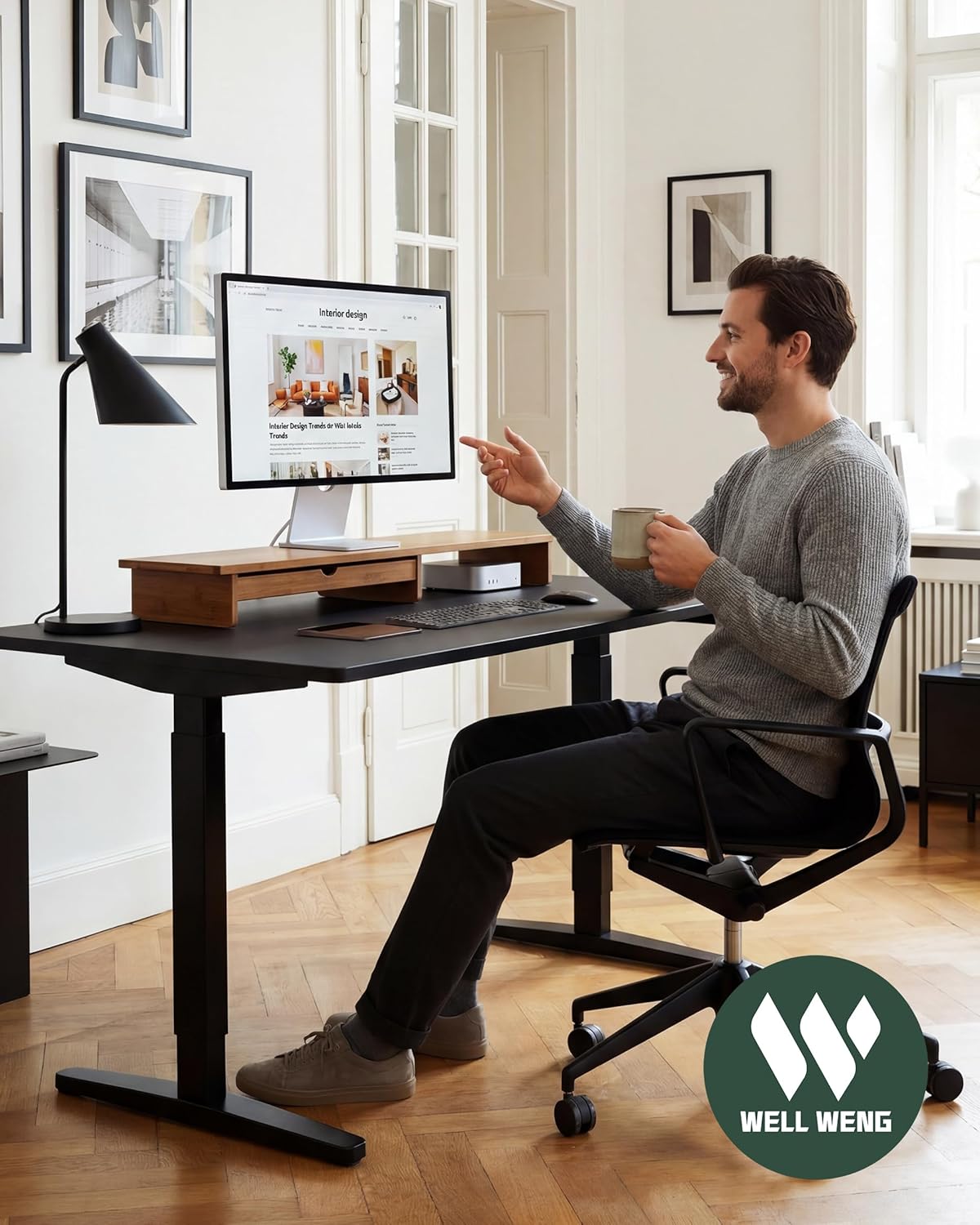 Bamboo Monitor Stand with Large Storage Drawer,23 Inch Ergonomic Computer Riser for Desk, Holds Up to 220lbs, Screen Shelf with 5 Compartments for Keyboard & Stationery Organization