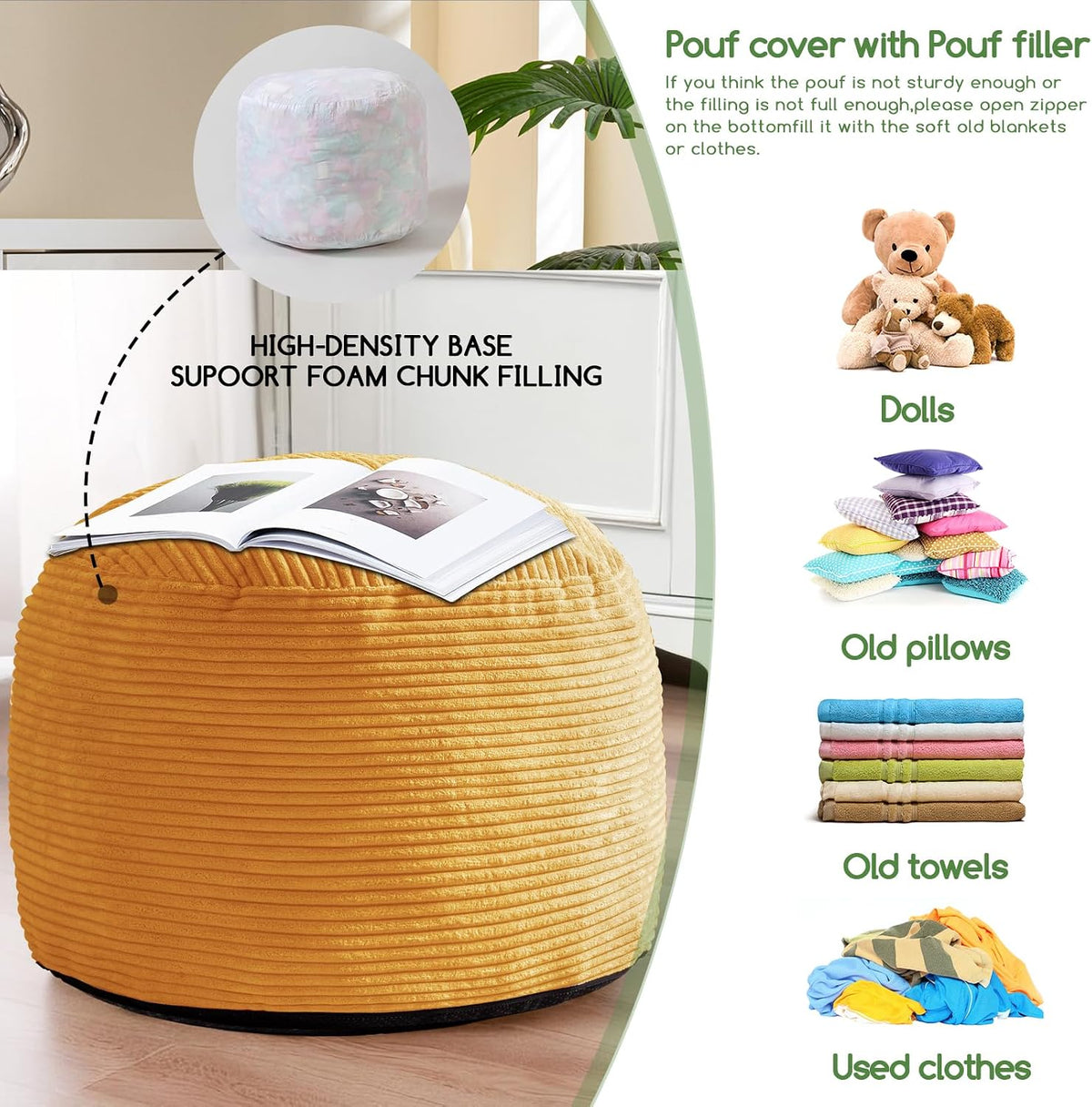 Round Stuffed Pouf Ottoman, Corduroy Poufs with Foam Chunk Filling, Furry and Fluffy Pouf Foot Stool Storage Ottoman, 20 X 15 Floor Poufs Foot Rest for Living Room, Dark Grey