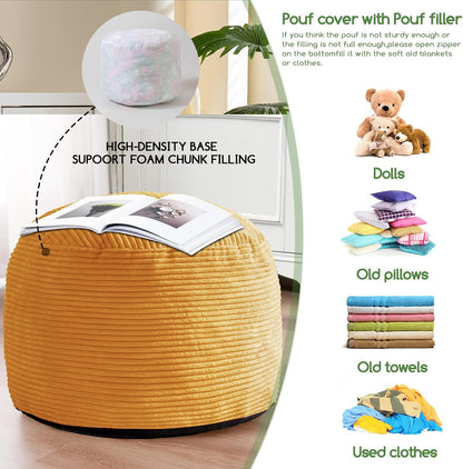 Round Stuffed Pouf Ottoman, Corduroy Poufs with Foam Chunk Filling, Furry and Fluffy Pouf Foot Stool Storage Ottoman, 20 X 15 Floor Poufs Foot Rest for Living Room, Dark Grey