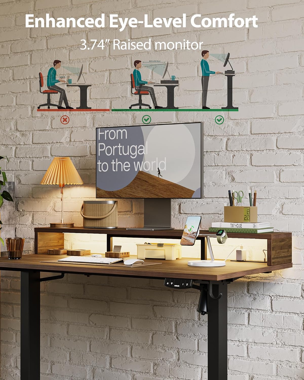 48 * 24 Inch Electric Standing Desk with Shelf & Led, Dark Walnut
