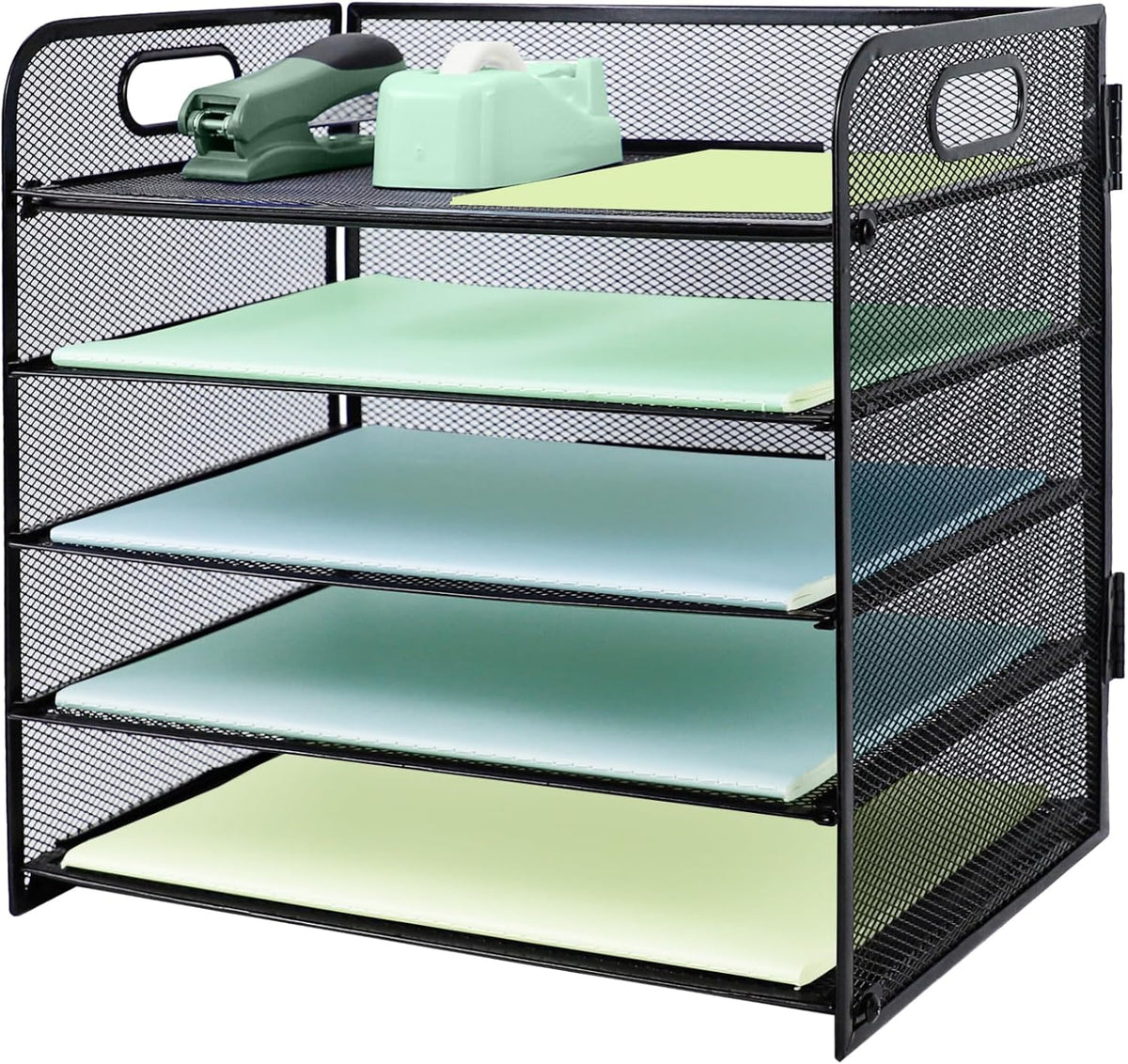 Paper Letter Tray with Handle, 3 Tier Metal Mesh Desk File Organizer, A4 Paper Desktop Filing Trays, Desk Tidy Magazine Document Holder for Home Office, Black