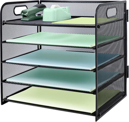 Paper Letter Tray with Handle, 3 Tier Metal Mesh Desk File Organizer, A4 Paper Desktop Filing Trays, Desk Tidy Magazine Document Holder for Home Office, Black