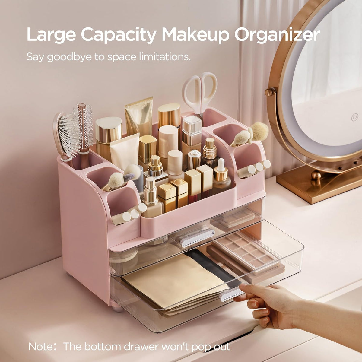 HBlife Makeup Organizer for Vanity with Brush Holder, Large Bathroom Countertop Cosmetic Organizer Skin Care Storage, Easy to Store Lipsticks, Nail Polishes, Perfumes, Eyeshadow Palettes, All White