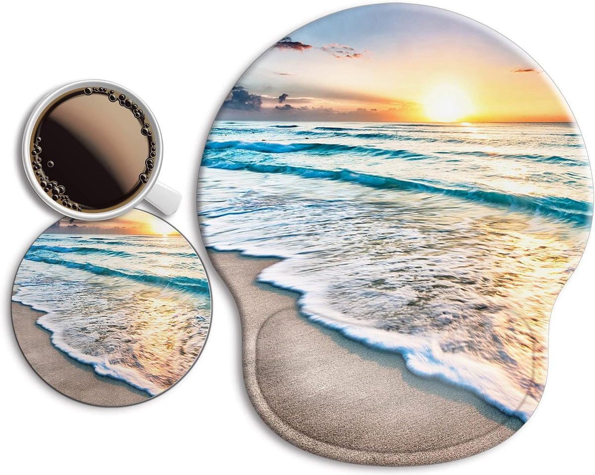 Ergonomic Mouse Pad with Wrist Support Rest,Large Mousepad Gel Wrist Rest, with Coaster Non-Slip & Pain Relief for Computer, Desk, Home&Office-Beach - Colors B