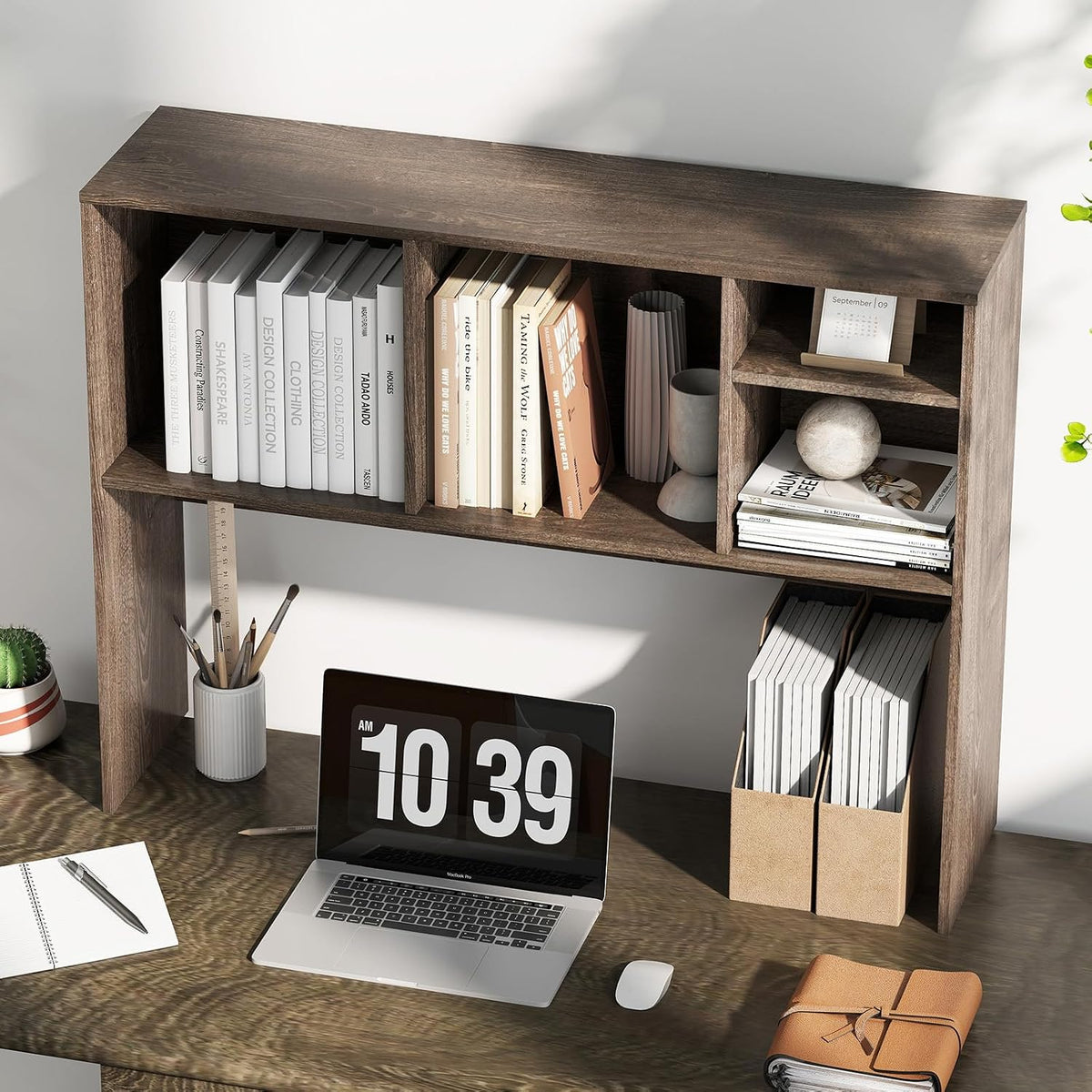 Desktop Bookshelf, Countertop Storage Hutch with 5 Shelves for Computer Desk, Desk 3-Tier Display Rack, Multipurpose Wood Desktop Hutch Storage Organizer for Dorm Office Home