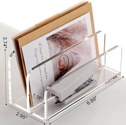SANRUI Acrylic Mail Sorter Desktop Organizer Holder with Drawer, 5 Compartments Clear Small File Script Letter Document Storage for Desk Bill Filling Envelope Holder Office, Home, School Organization