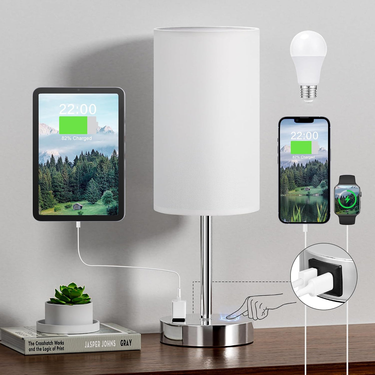 Fenmzee Bedside Table Lamp for Bedroom - Dimmable Touch, USB A+C, AC Outlet