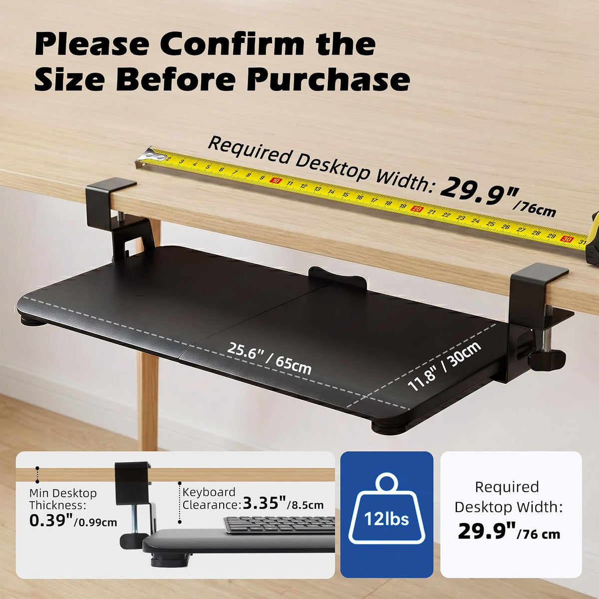 White Keyboard Tray Under Desk Clamp, 26.77" Large Under Desk Keyboard Tray Slide Out, Ergonomic Keyboard and Mouse Tray with Wrapped Edge Finish, Modern Desk Extender for Home Office
