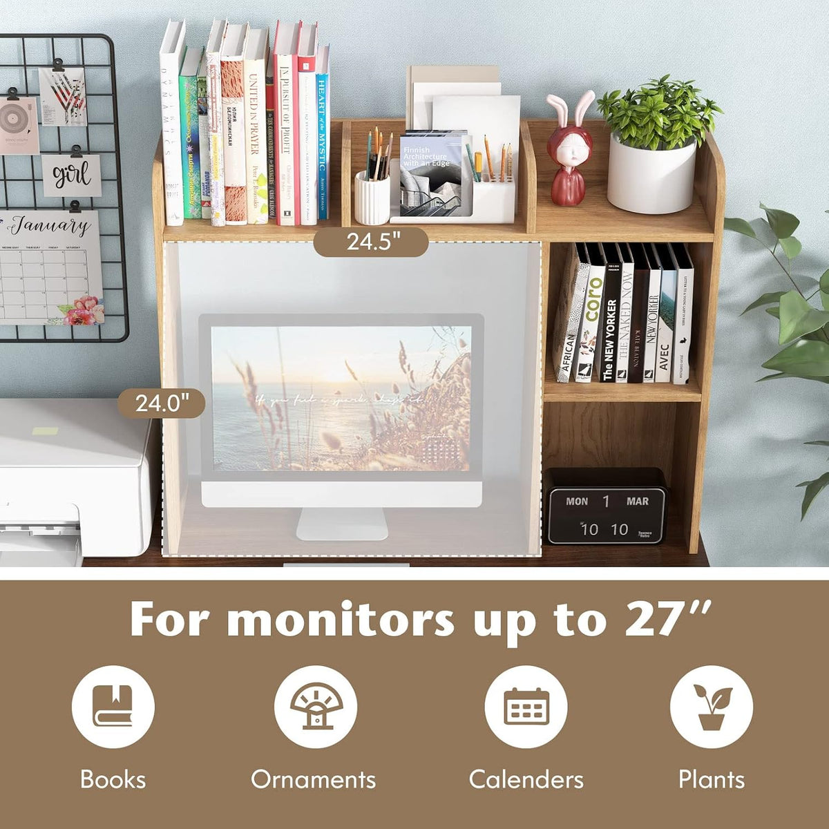 Desktop Bookshelf, Countertop Storage Hutch with 5 Shelves for Computer Desk, Desk 3-Tier Display Rack, Multipurpose Wood Desktop Hutch Storage Organizer for Dorm Office Home