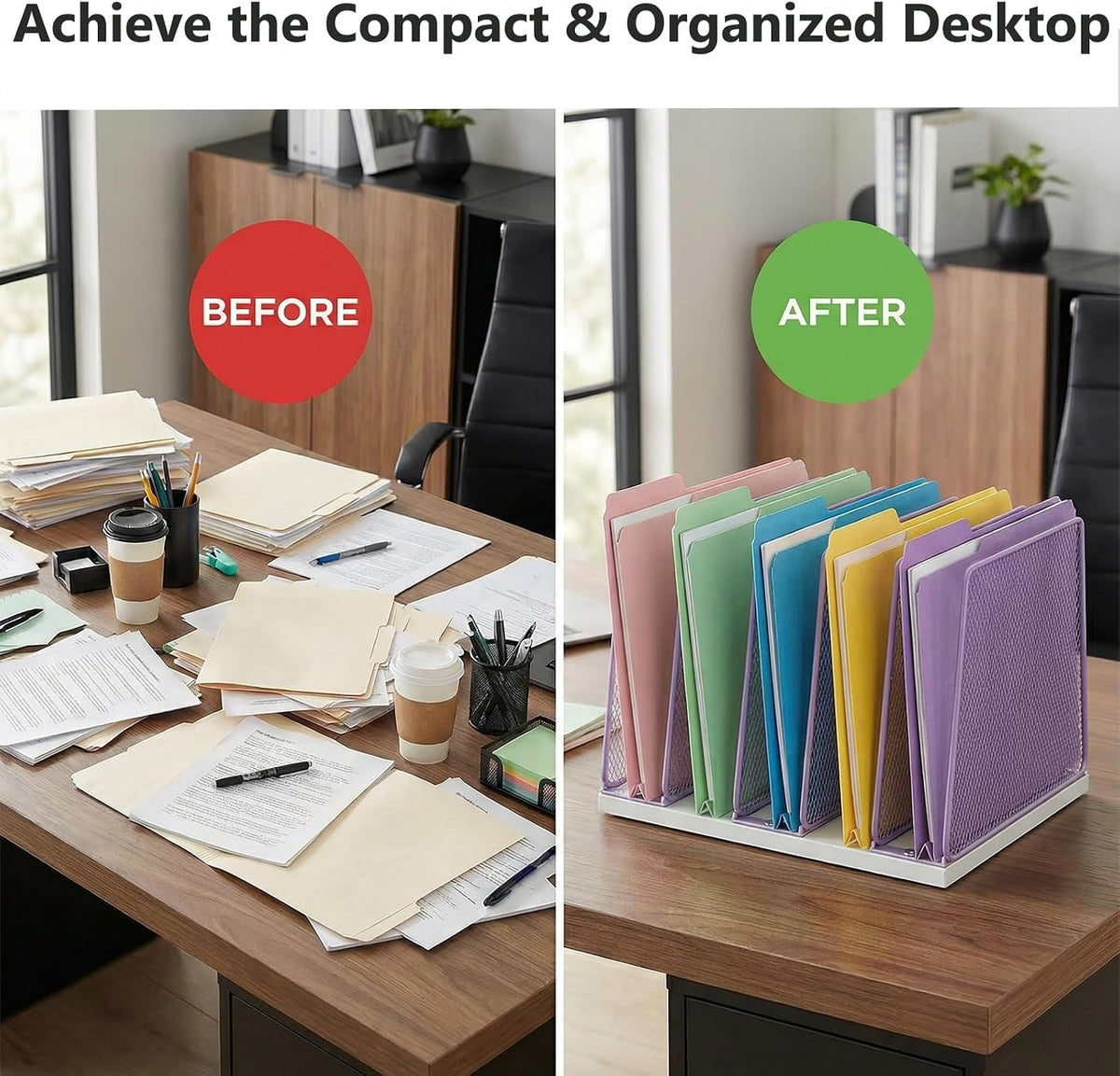 AUPSEN 5-Section File Organizer for Desk, Wood Mesh Desktop File Organizer, File Sorter Storage Rack, Vertical Folder Holder for Files, Magazines, Books (Black)