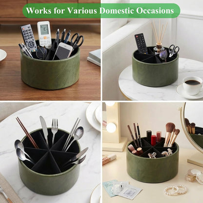 Round Leather Art Supply Organizer,Remote Control Holder,360 Degree Rotating,Multi-Functional Pencil Holder,4 Compartments Desktop Stationary Organizer(1-Blue Bird) - Colors C