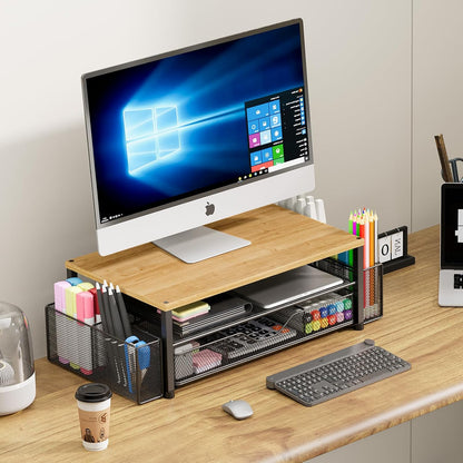 Desk Organizers and Accessories, Computer Monitor Stand Riser with Drawer and 2 Pen Holders, Printer & Laptop Stand, Office Desk Accessories & Workspace Organizers for Home Office Supplies, Black