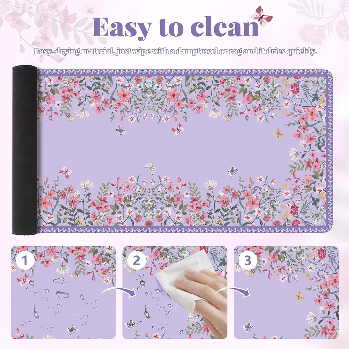 Desk Mat,Mouse Pad for Office Desk,35.4x15.7in,Pink Flowers