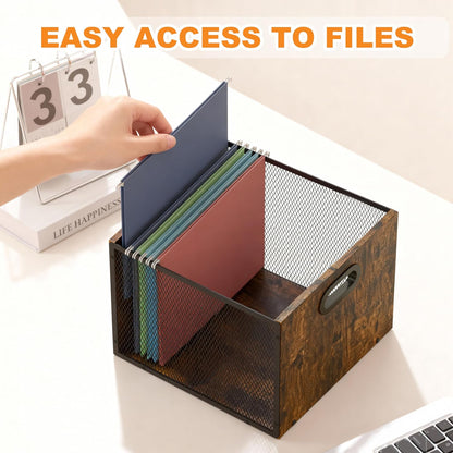 Piskyet Wooden Hanging File Organizer for desk, Metal Mesh File Folder Organizer Crate Cabinet Storage Box with Handle for Home Office Desk,Letter - Size,Rustic Brown