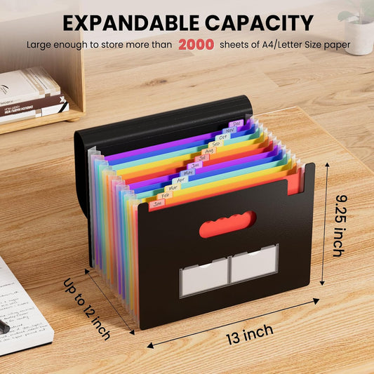 Sooez Accordion File Organizer, 13 Pockets Expanding File Folder, Portable Monthly Paper Bill Tax Receipt Organizer, Letter A4 Size Document Holder with Blank Labels, Black