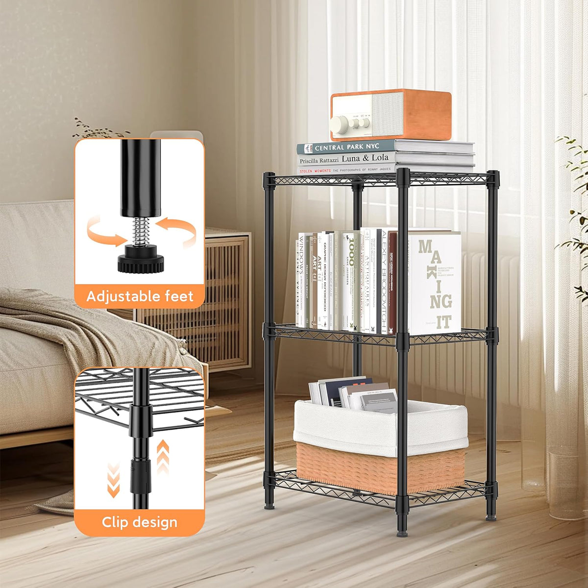 M MZG 450 lbs Steel Storage Shelving 3-Tier Utility Shelving Unit Steel Organizer Wire Rack for Home,Kitchen,Office (11.8" D x 17.7" W x 26.3" H) - Colors B