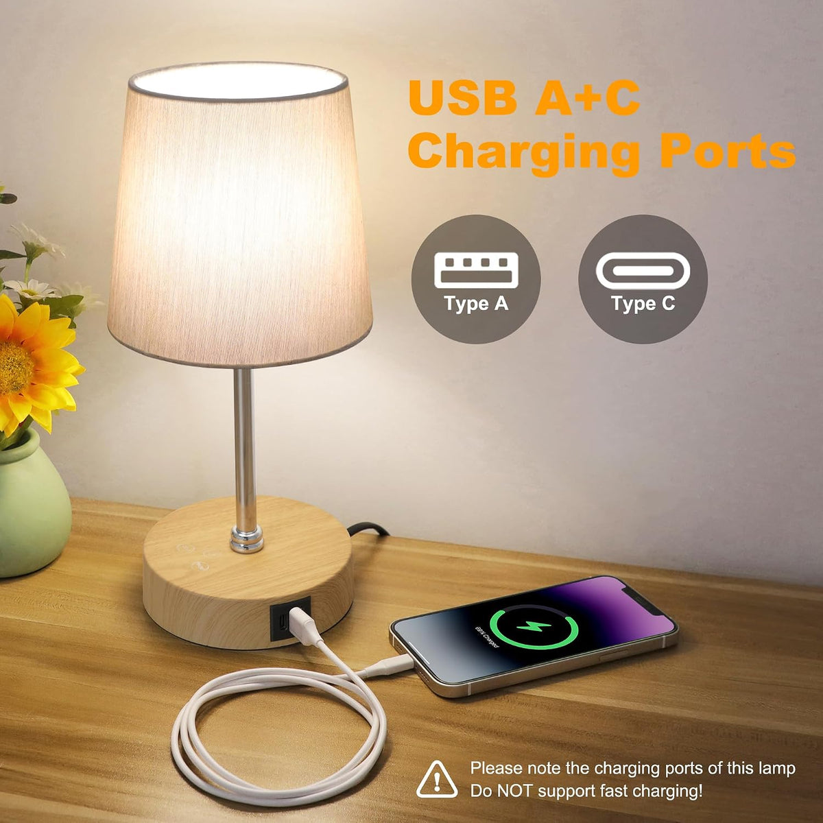 Ascher Small Bedside Table lamp, RGB Color Changing Lamps, 3 Color Temperatures, Dimmable Nightstand Lamp with USB C+A Ports, Touch Desk Lamp for Bedroom Living Room, H11.4in(Flaxen Shade)