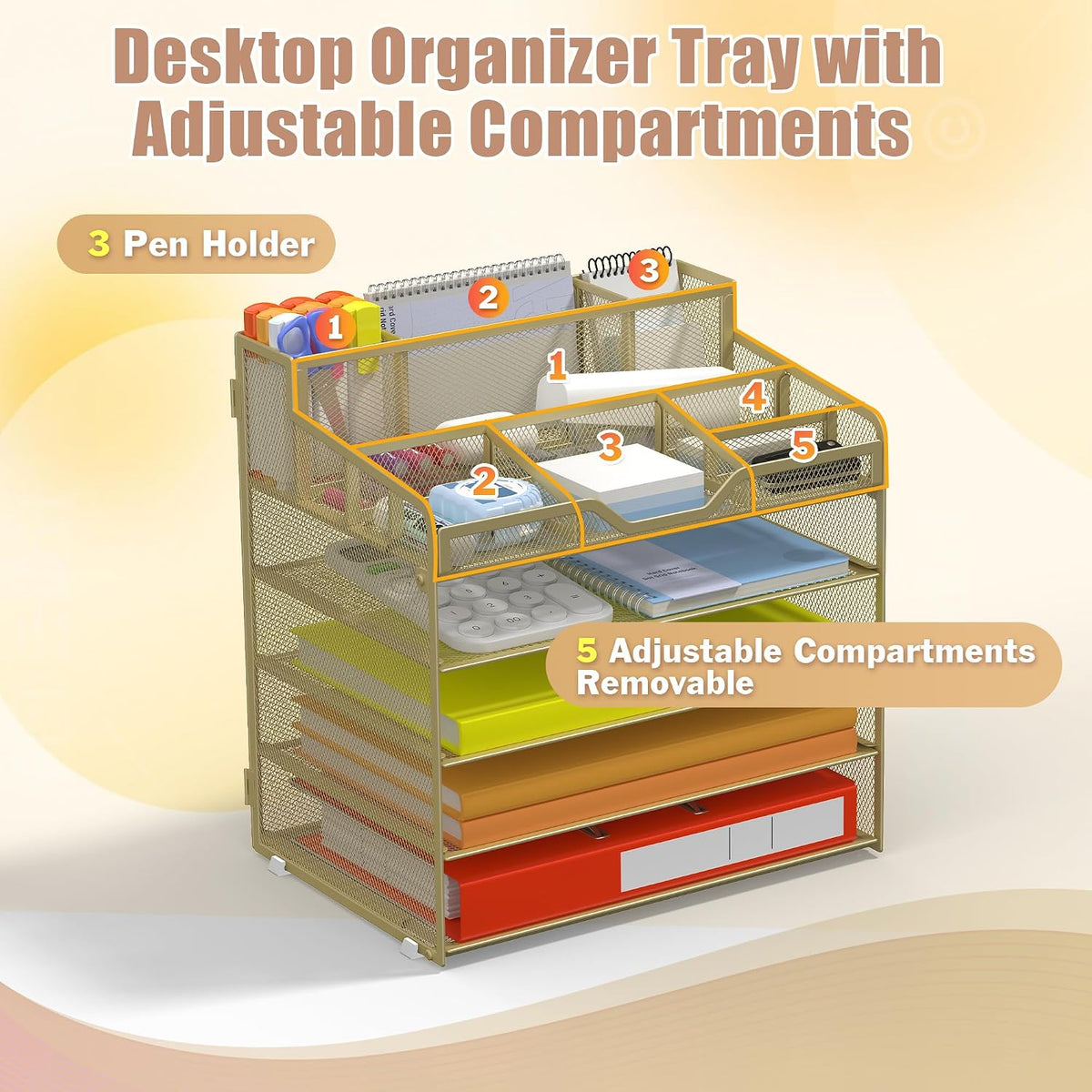 Docnest 5 Tier Mesh Desk Organizer for Paper Office Supplies – Multi-Functional Letter Tray with 5 Adjustable Compartments, 3 Pen Holders, Desktop Storage for Files, Mail, Stationery – Black