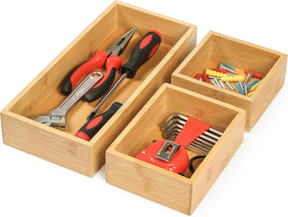 Vincona Bamboo Drawer Organizers Set, 5-Piece Multi-Use Wood Storage Organizers, Desk Drawer Tray for Kitchen, Bathroom, Office, Dresser, Bamboo Box Bin for Jewelry, Makeup, Junk, Gadgets