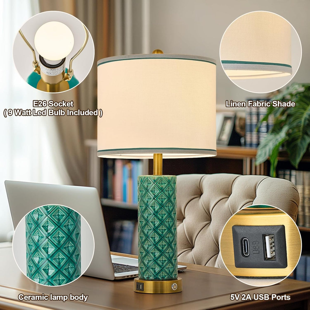 Small Bedside Table Lamp for Bedroom - Reading Desk Lamp with 3 Color Temperatures，15.5" Nightstand Ceramic Lamp with Fabric Shade for Kids Room,Living Room,Dorm,Home Office (Green)