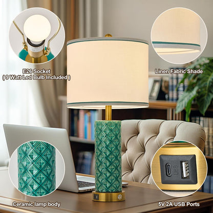 Small Bedside Table Lamp for Bedroom - Reading Desk Lamp with 3 Color Temperatures，15.5" Nightstand Ceramic Lamp with Fabric Shade for Kids Room,Living Room,Dorm,Home Office (Green)