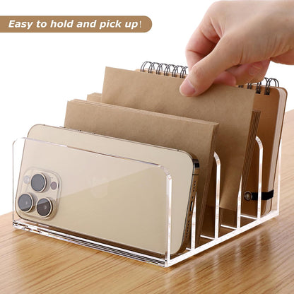 SANRUI Acrylic Mail Sorter Desktop Organizer Holder with Drawer, 5 Compartments Clear Small File Script Letter Document Storage for Desk Bill Filling Envelope Holder Office, Home, School Organization