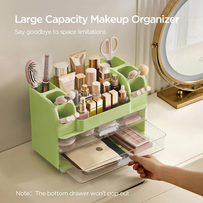 HBlife Makeup Organizer for Vanity with Brush Holder, Large Bathroom Countertop Cosmetic Organizer Skin Care Storage, Easy to Store Lipsticks, Nail Polishes, Perfumes, Eyeshadow Palettes, All White