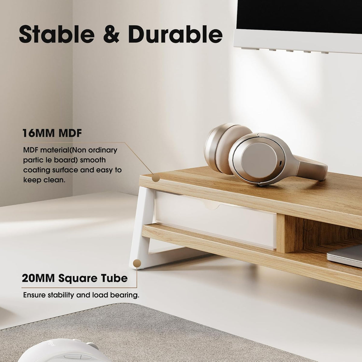 Fenge Dual Monitor Stand, Monitor Riser with Drawer, 42.5 Inch Large Computer Monitor Stand for 2 Monitors, 2 Tier Wooden Desk Shelf for Top of Desk
