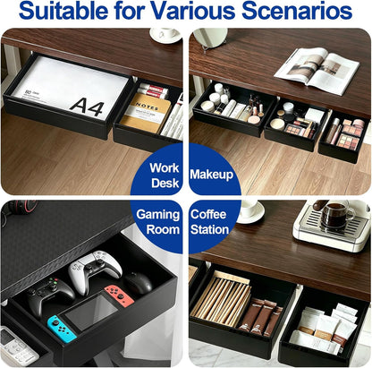 Under Desk Storage Drawer Organizer,3 Pack Self-Adhesive Slide Out Desk Drawers Under Table for Shelf,Office Supplies,Home,Large & Medium & Small,Black