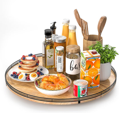 Farmhouse Oak 9" Lazy Susan Turntable Organizer for Cabinet, Round Wooden Lazy Susan Organization and Storage for Dining Table, Pantry, Kitchen, Countertop, Cupboard,Home Decor, Walnut Wood
