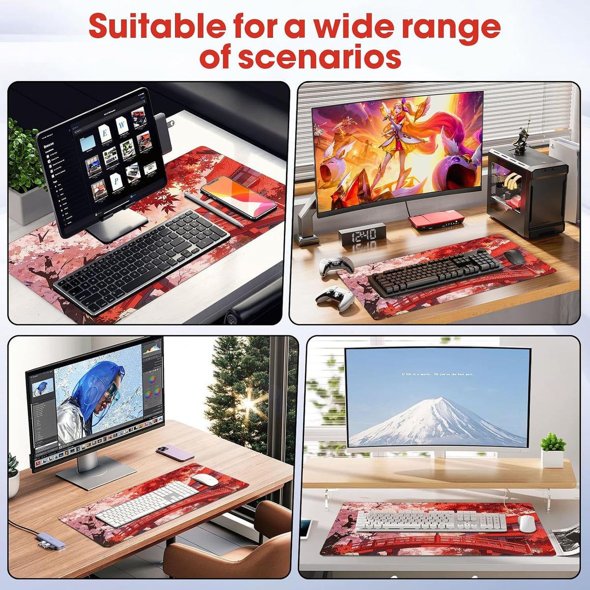 31.5" x 15.7" Waterproof Fabric Desk Pad, Rubber Anti-Slip Base, Stitched Edges No Curling, Fits Laptop Keyboard and Mouse, Smooth Office Mat Large Mouse Pad for Work Game, Black
