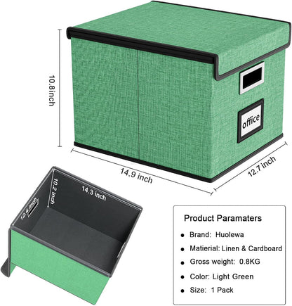 Upgraded Portable File Organizer Box with Lid, Collapsible Linen Hanging Filing Storage Boxes with Plastic Slides, Decorative Home/Office Filing System Box for File and Folders Storage (Gray)