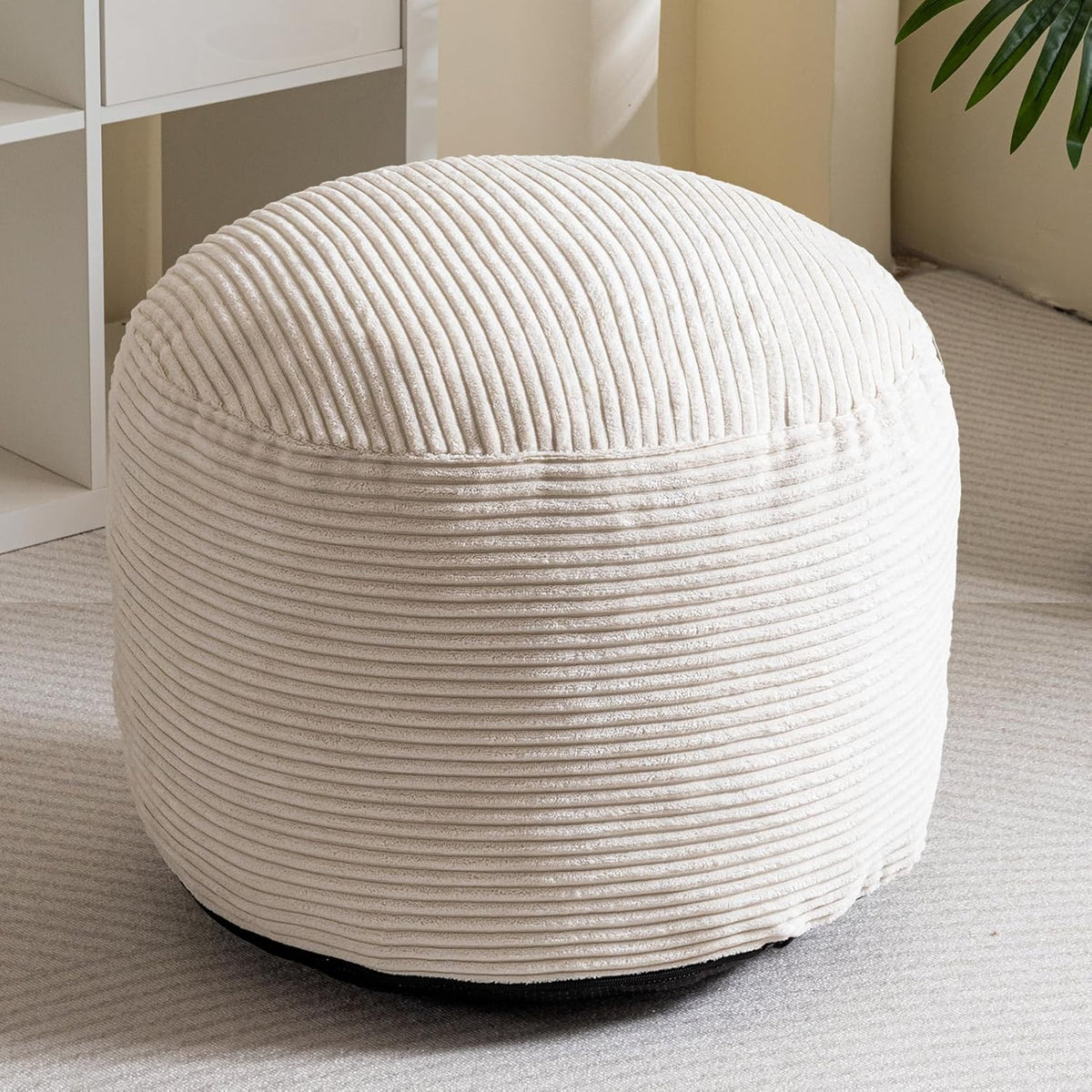 Round Stuffed Pouf Ottoman, Corduroy Poufs with Foam Chunk Filling, Furry and Fluffy Pouf Foot Stool Storage Ottoman, 20 X 15 Floor Poufs Foot Rest for Living Room, Dark Grey