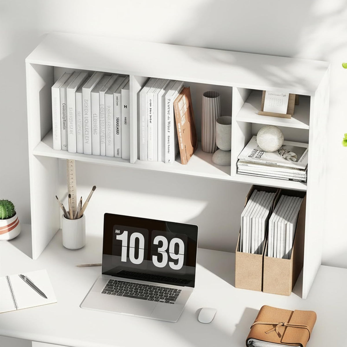 Desktop Bookshelf, Countertop Storage Hutch with 5 Shelves for Computer Desk, Desk 3-Tier Display Rack, Multipurpose Wood Desktop Hutch Storage Organizer for Dorm Office Home