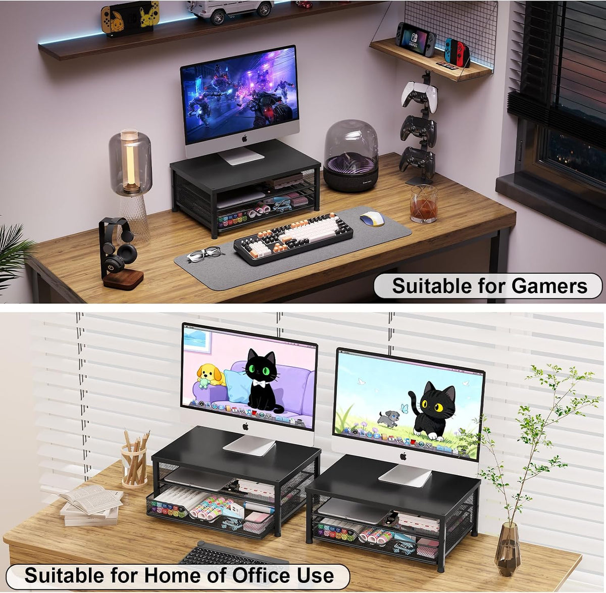 Desk Organizers and Accessories, Computer Monitor Stand Riser with Drawer and 2 Pen Holders, Printer & Laptop Stand, Office Desk Accessories & Workspace Organizers for Home Office Supplies, Black