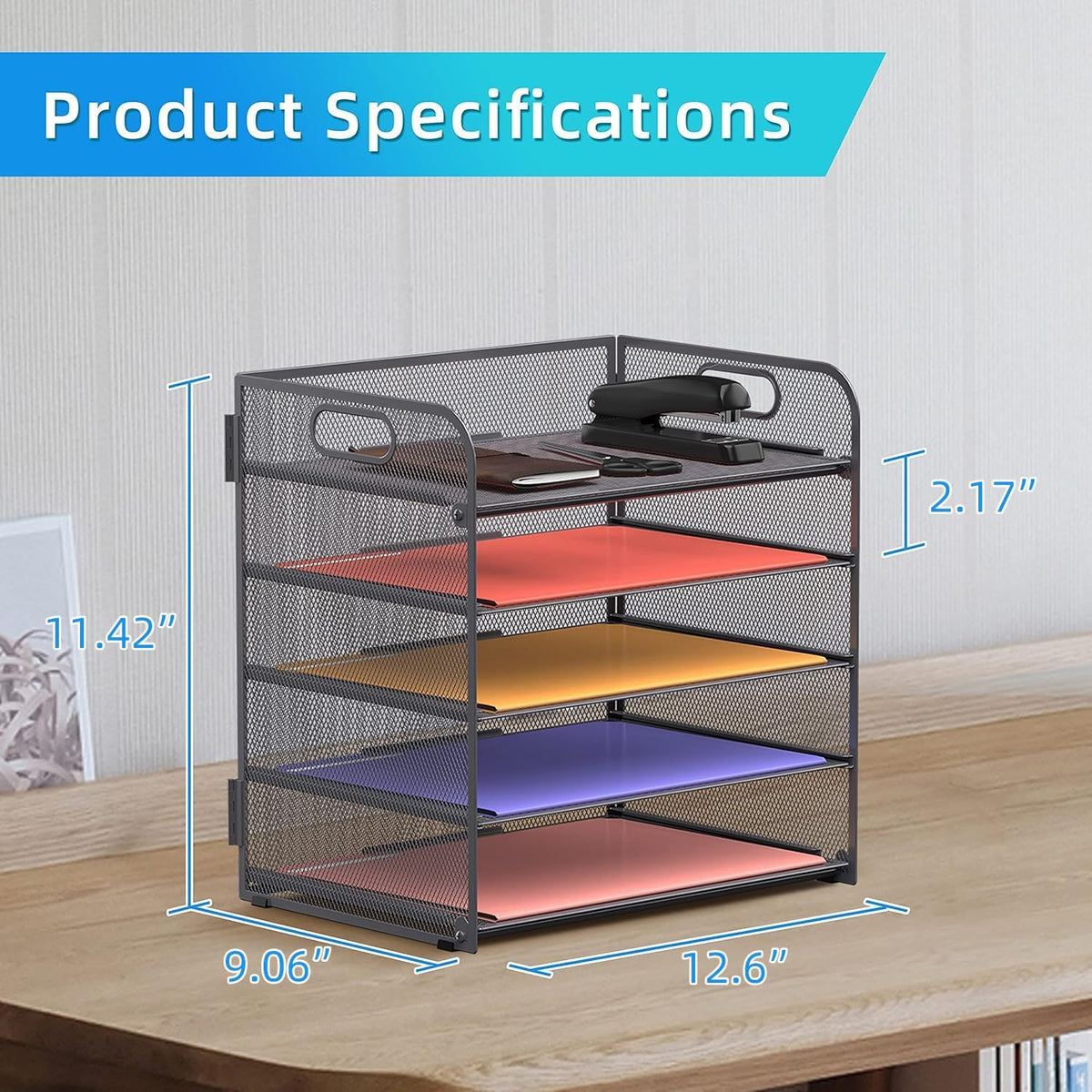 Supeasy 5 Trays Paper Organizer Letter Tray with Handle-Mesh Desk File Holders, Paper Sorter Desk Organizer for Office, Home, Classroom or School