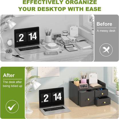 Bamboo Desk Organizer with Drawers Wooden Desktop Storage Drawers (1, Black 3 Drawer)